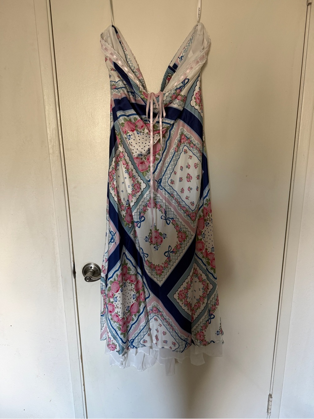 For Love & Lemons Navy & Pink Scarf-Print Slip Midi Dress